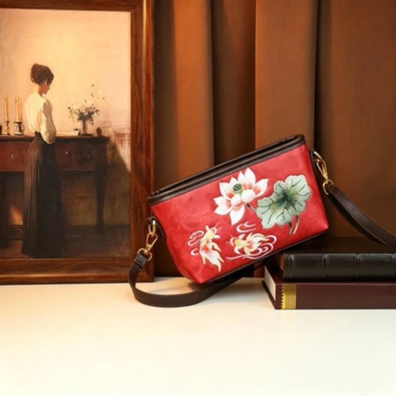 Lotus and Koi Embroidered Crossbody Bag, Chinese Style - product photo 3