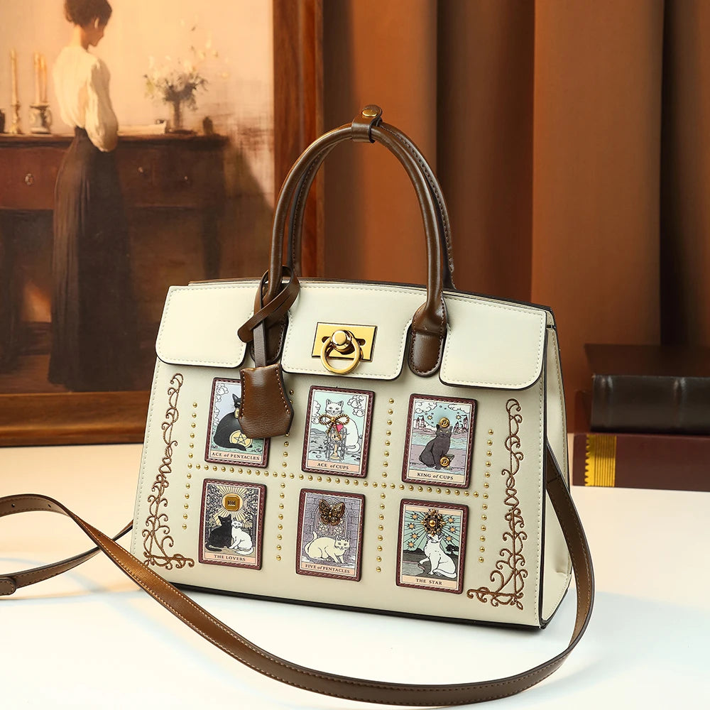 Tarot Cat-Print Boston Bag, Artistic Shoulder Bag - product photo 1