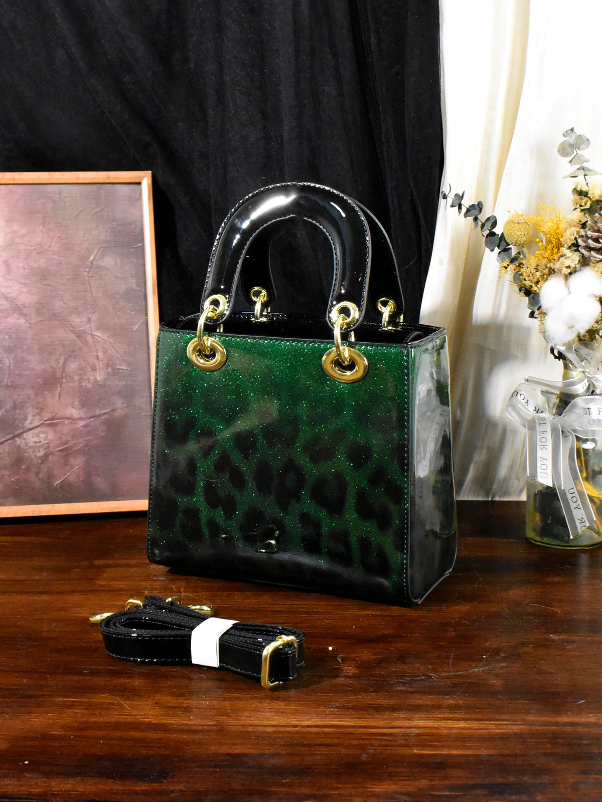 Glitter Leopard Patent Satchel, Top-Handle PU Bag - product photo 4