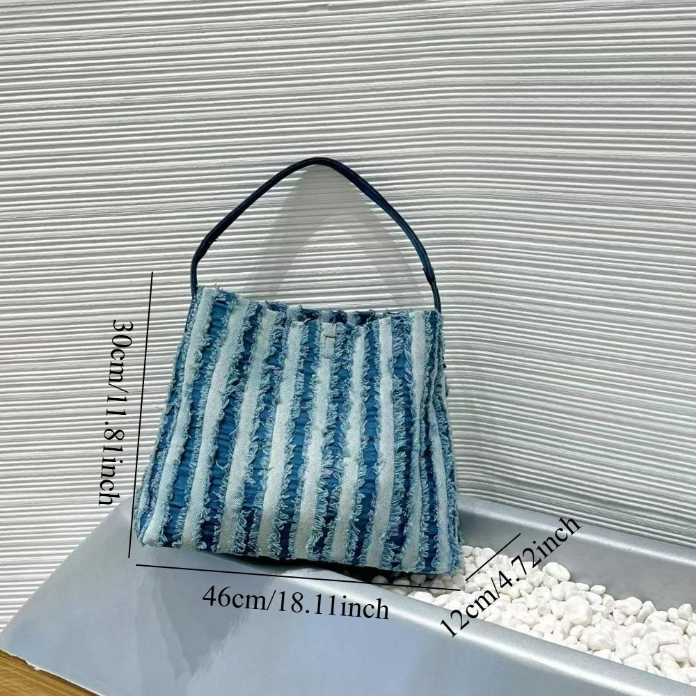 Striped Denim Tote Bag, Casual Shoulder Bag - product photo 3
