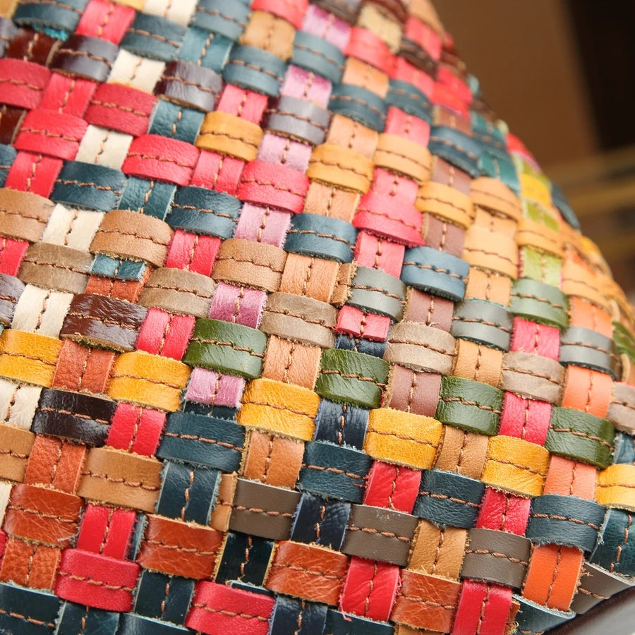 Woven Patchwork Leather Backpack, Travel Daypack - product photo 4