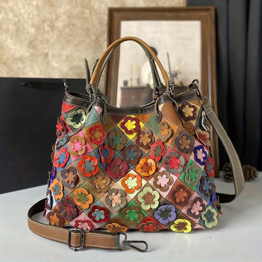 Top-Grain Cowhide Tote with Floral Applique - product photo 1