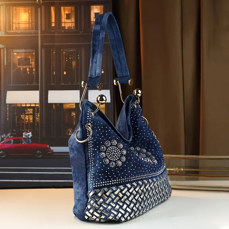 Bohemian Woven Denim-Style Tote, Rhinestone PU Bag - product photo 3