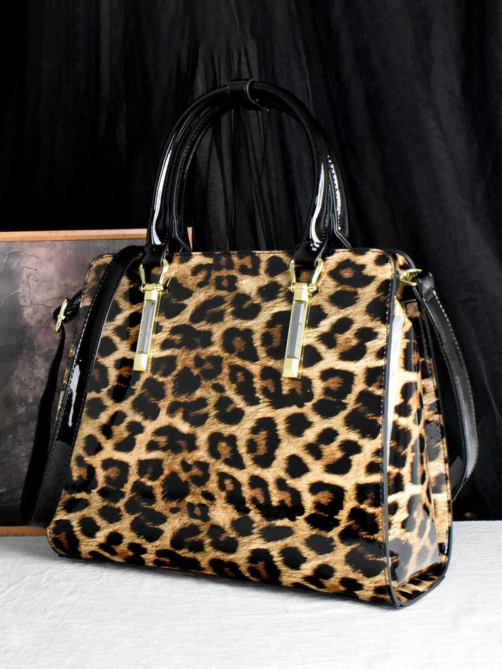Leopard Patent Shoulder Satchel, Water-Resistant PU Bag - product photo 5