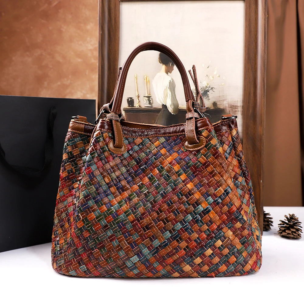 Woven Retro Tote Bag, Large PU Shoulder Bag - product photo 1