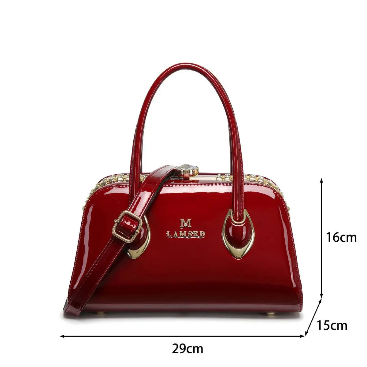 Glossy Patent-Look Shoulder Bag with Diamond Inlay - product photo 5