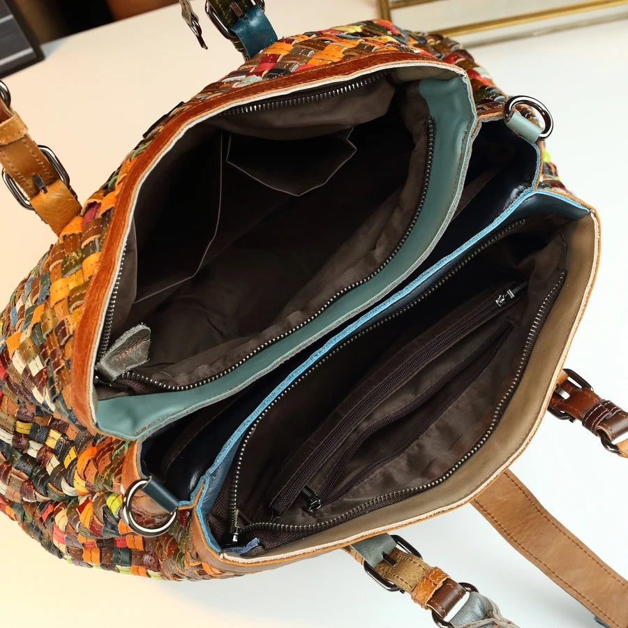Woven Colour-Block Bucket Bag, Genuine Leather - product photo 5