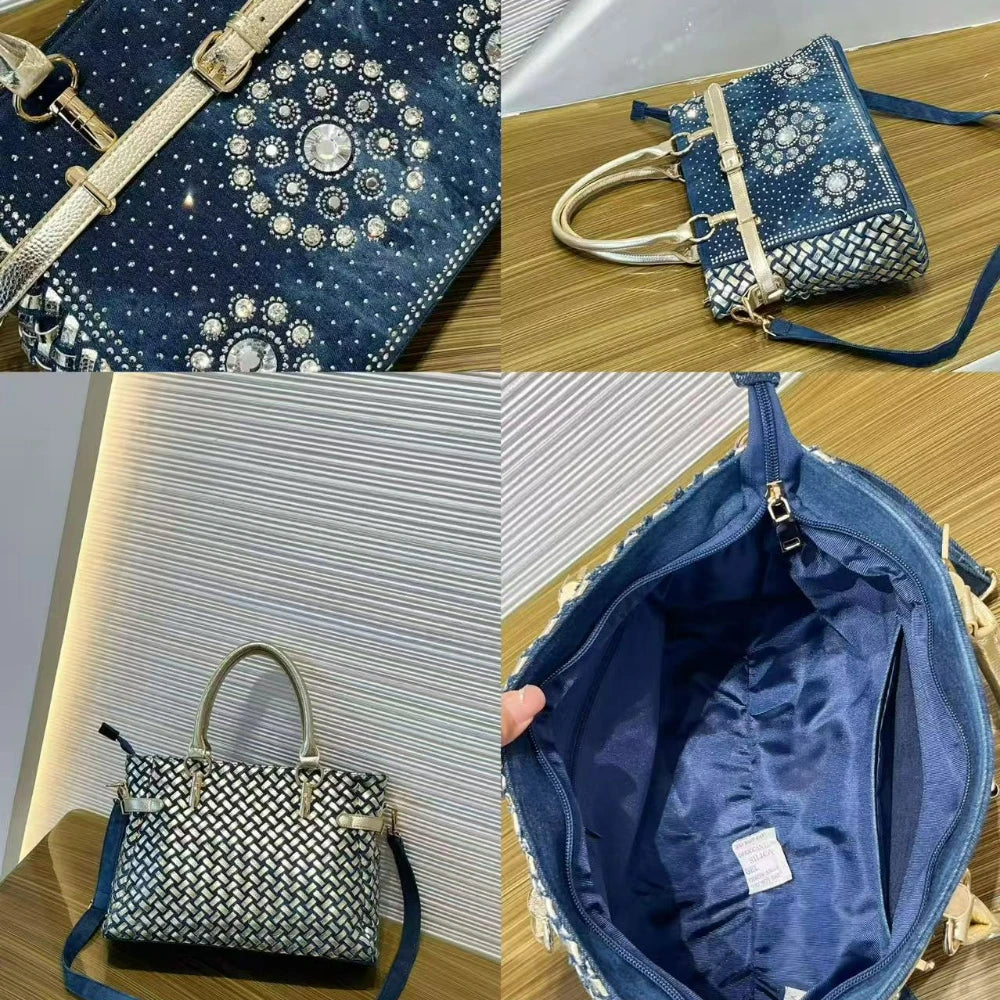 Rhinestone Denim Satchel with Braided Edge - product photo 5