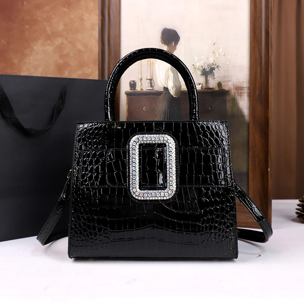 Rhinestone Top-Handle Bag, Croc-Embossed Shoulder Bag - product photo 2