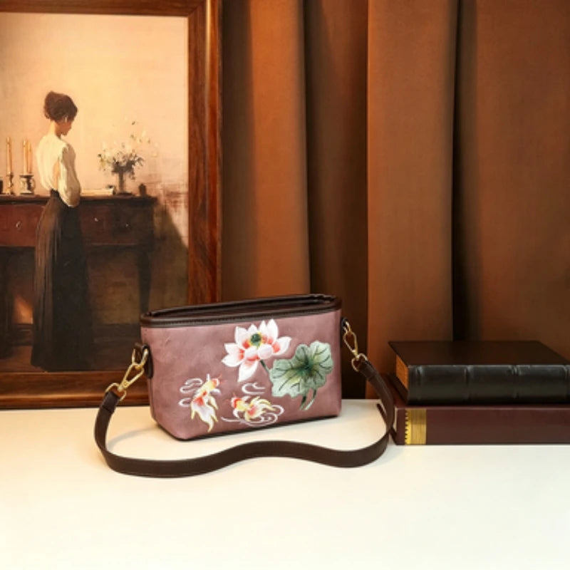 Lotus and Koi Embroidered Crossbody Bag, Chinese Style - product photo 2