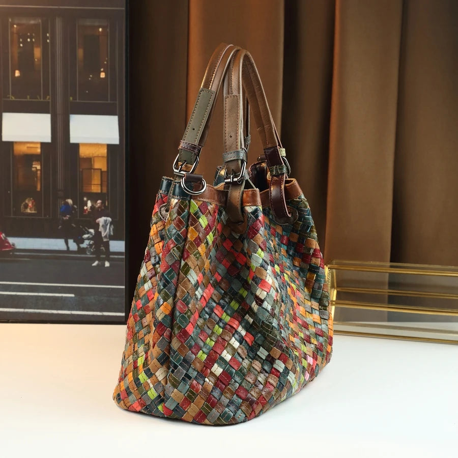 Woven Genuine Leather Tote, Colour-Blocked Barrel Bag - product photo 5