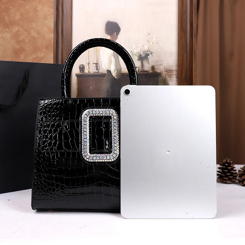 Rhinestone Top-Handle Bag, Croc-Embossed Shoulder Bag - product photo 4