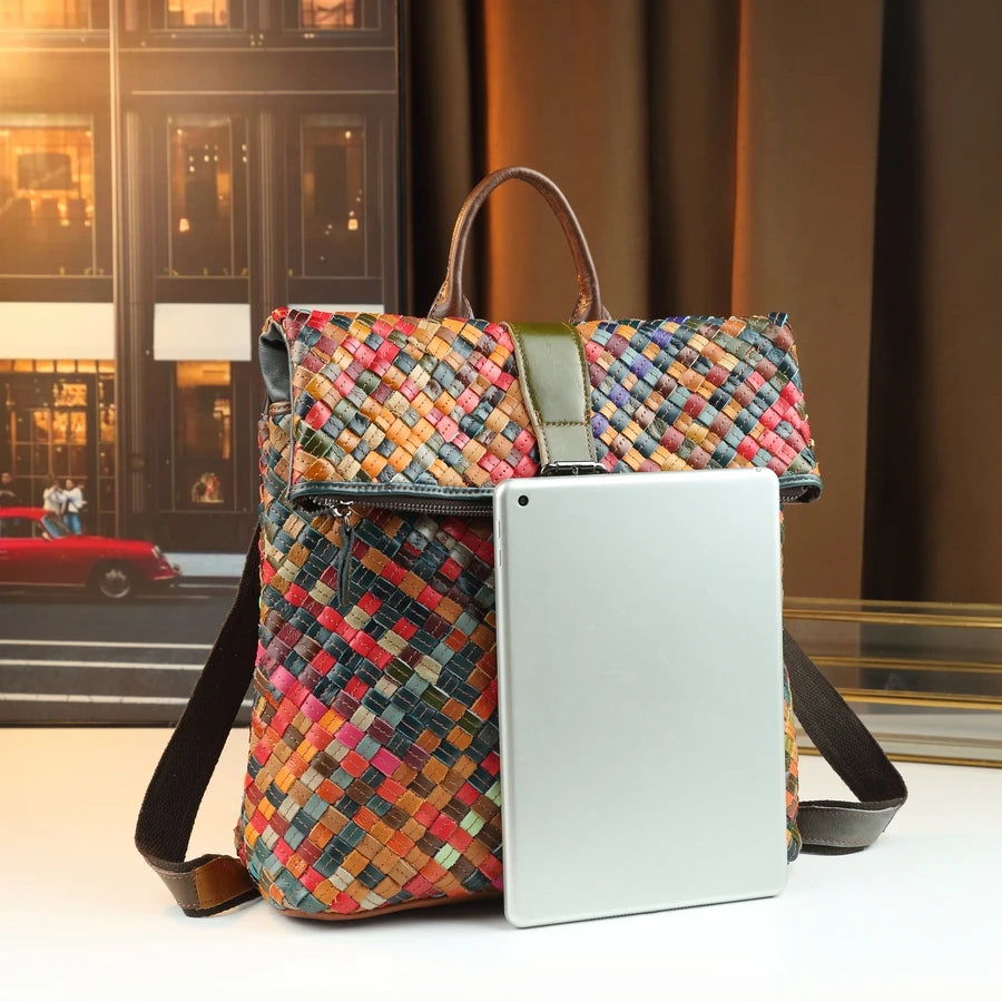 Woven Patchwork Leather Backpack, Travel Daypack - product photo 2