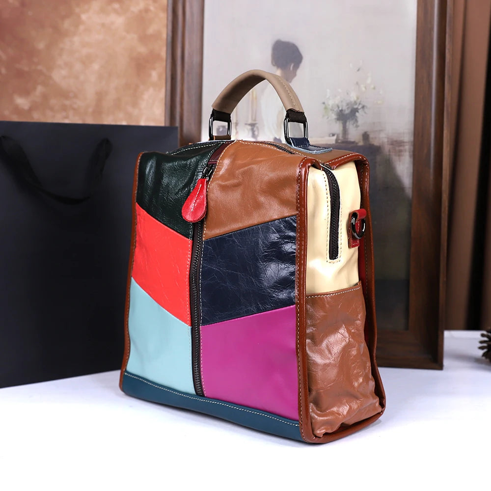 Geometric Genuine Leather Backpack, Colour-Block Daypack - product photo 2