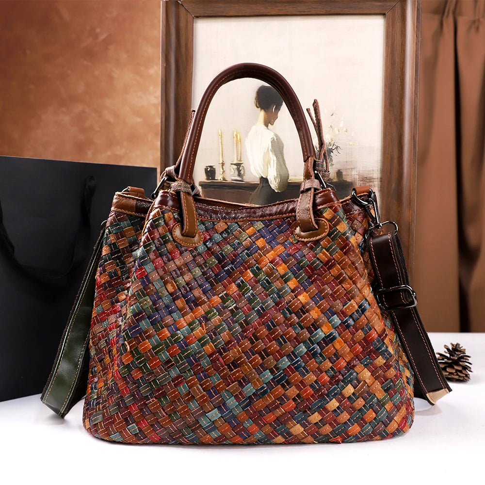 Woven Retro Tote Bag, Large PU Shoulder Bag - product photo 5