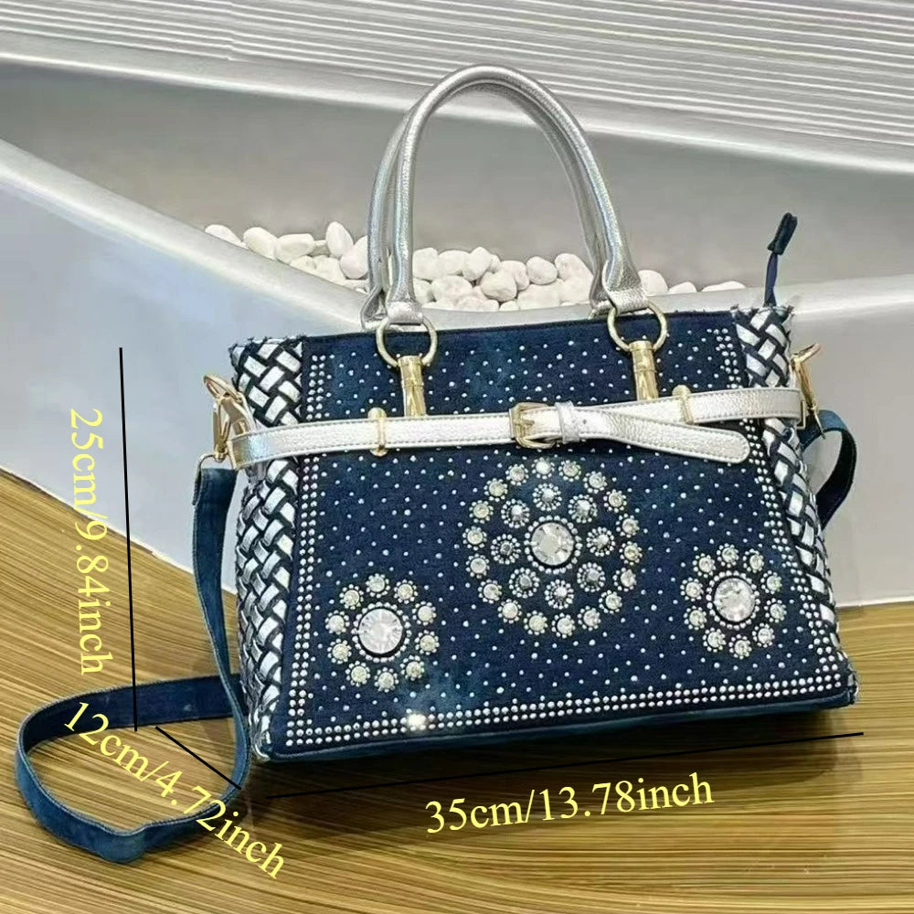 Rhinestone Denim Satchel with Braided Edge - product photo 3
