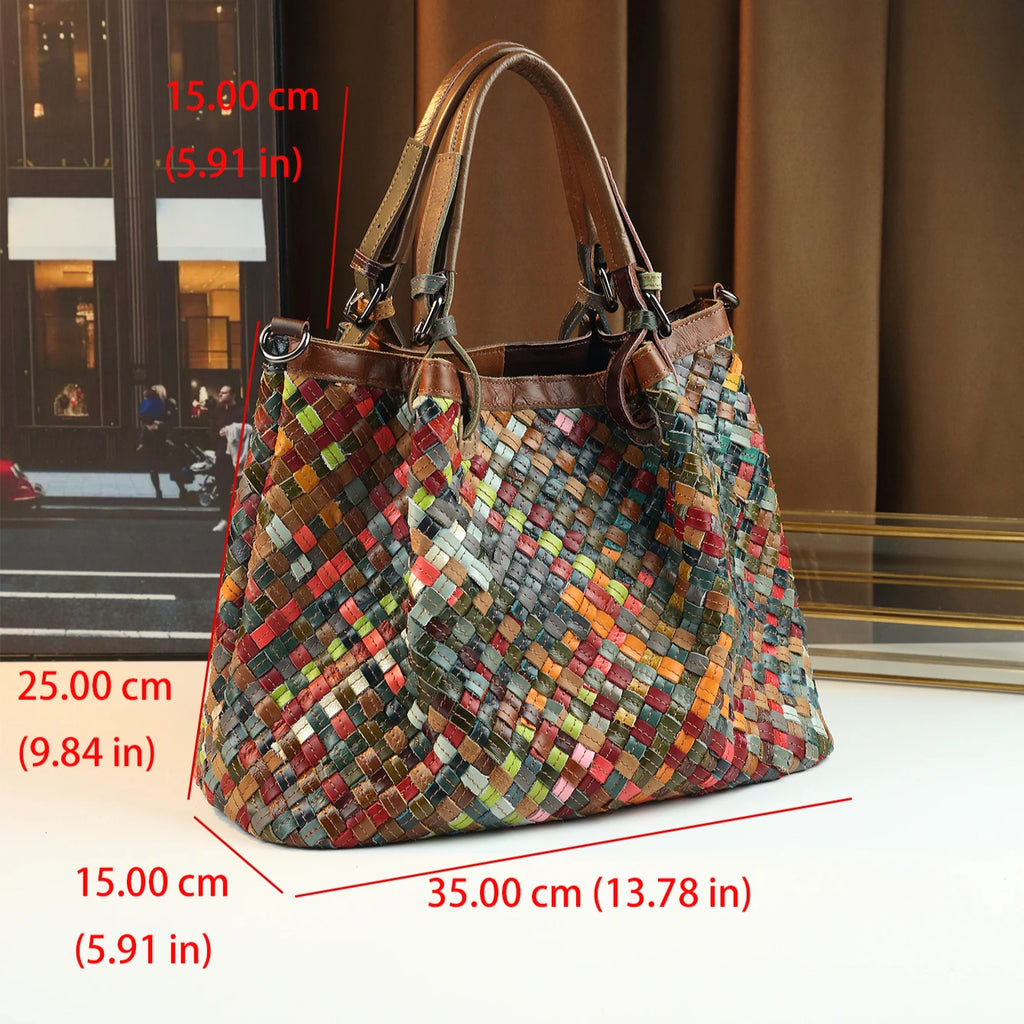 Woven Genuine Leather Tote, Colour-Blocked Barrel Bag - product photo 2