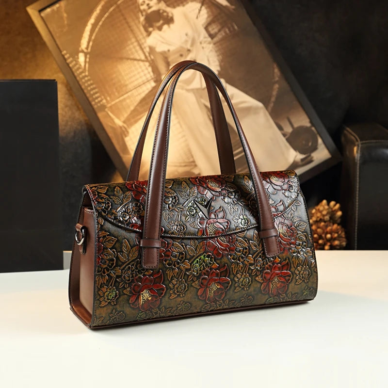 Peony Floral Print Tote Bag, Soft PU Large Handbag - product photo 1