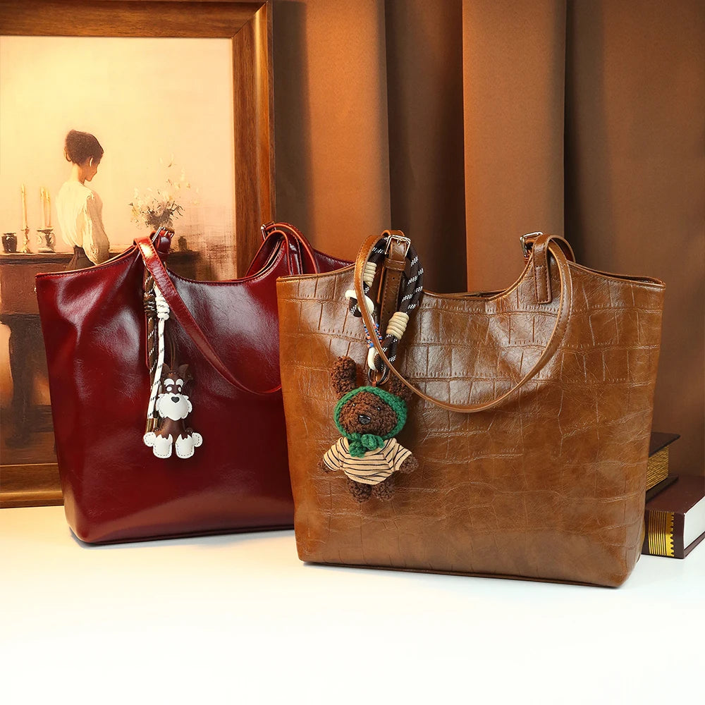 Croc Tote Bag with Bear Pendant, Large PU Shoulder Bag - product photo 2