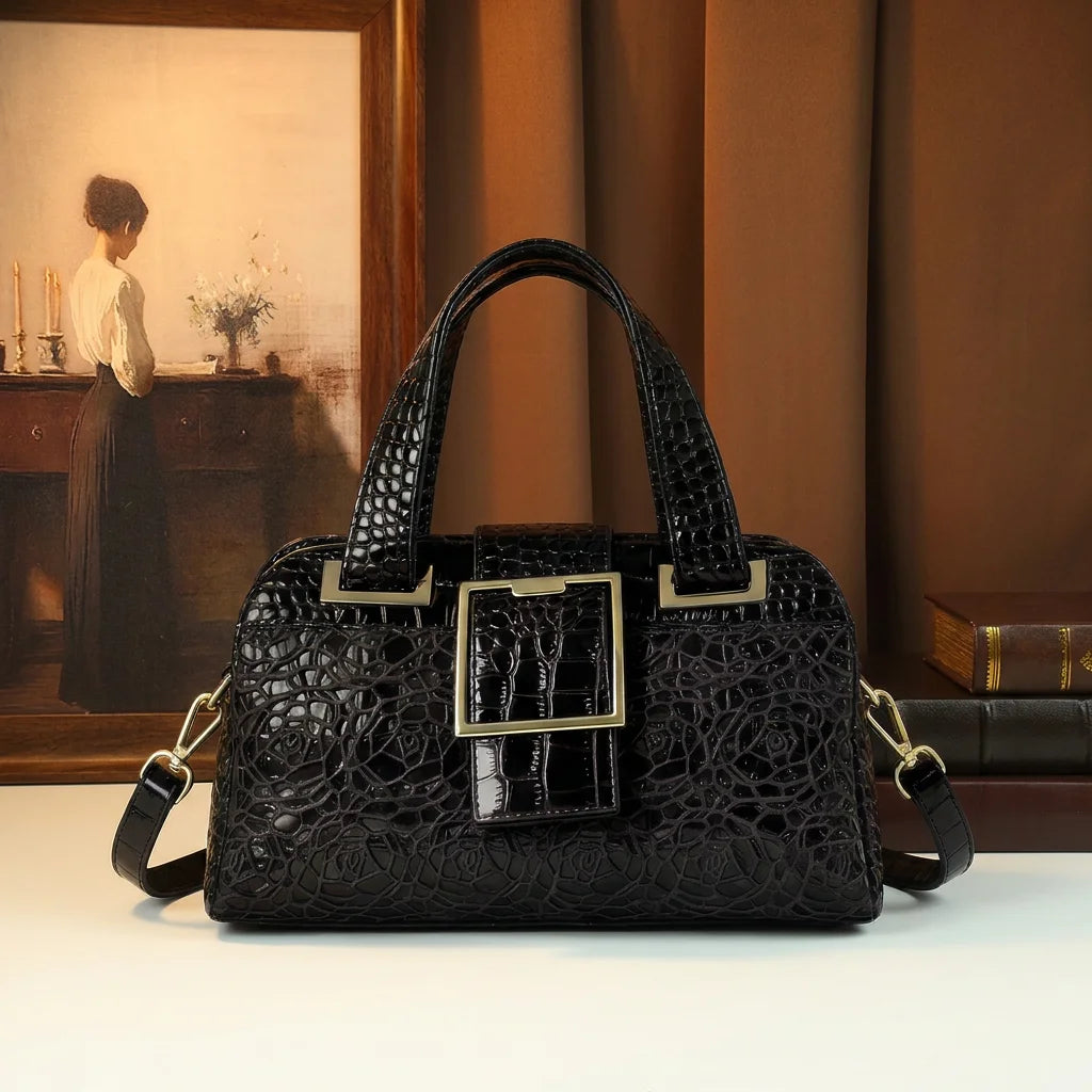 Croc-Embossed Floral Tote, Gold-Buckle Shoulder Bag - product photo 1