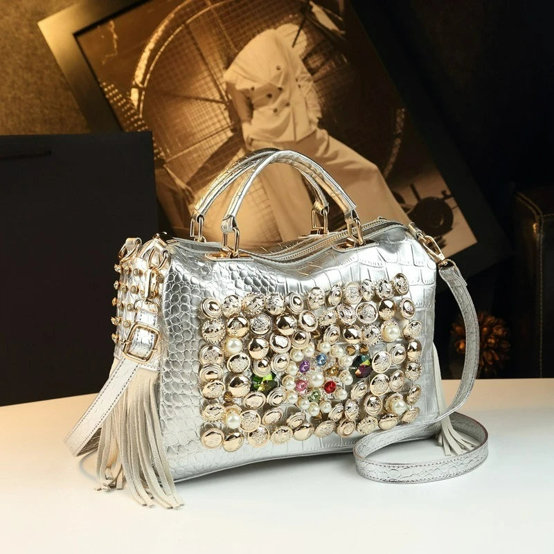 Panelled Rhinestone Shoulder Bag, Rivet Detail Tote - product photo 3