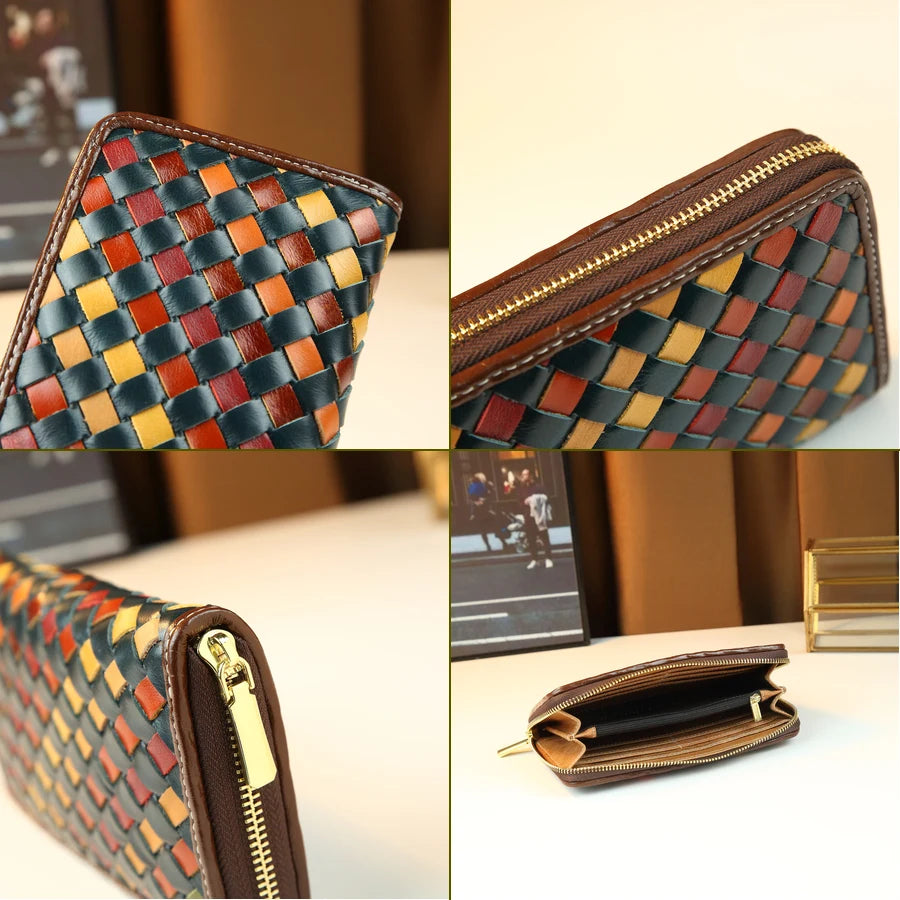 Genuine Leather Woven Clutch, Multi-Layer Long Wallet - product photo 6