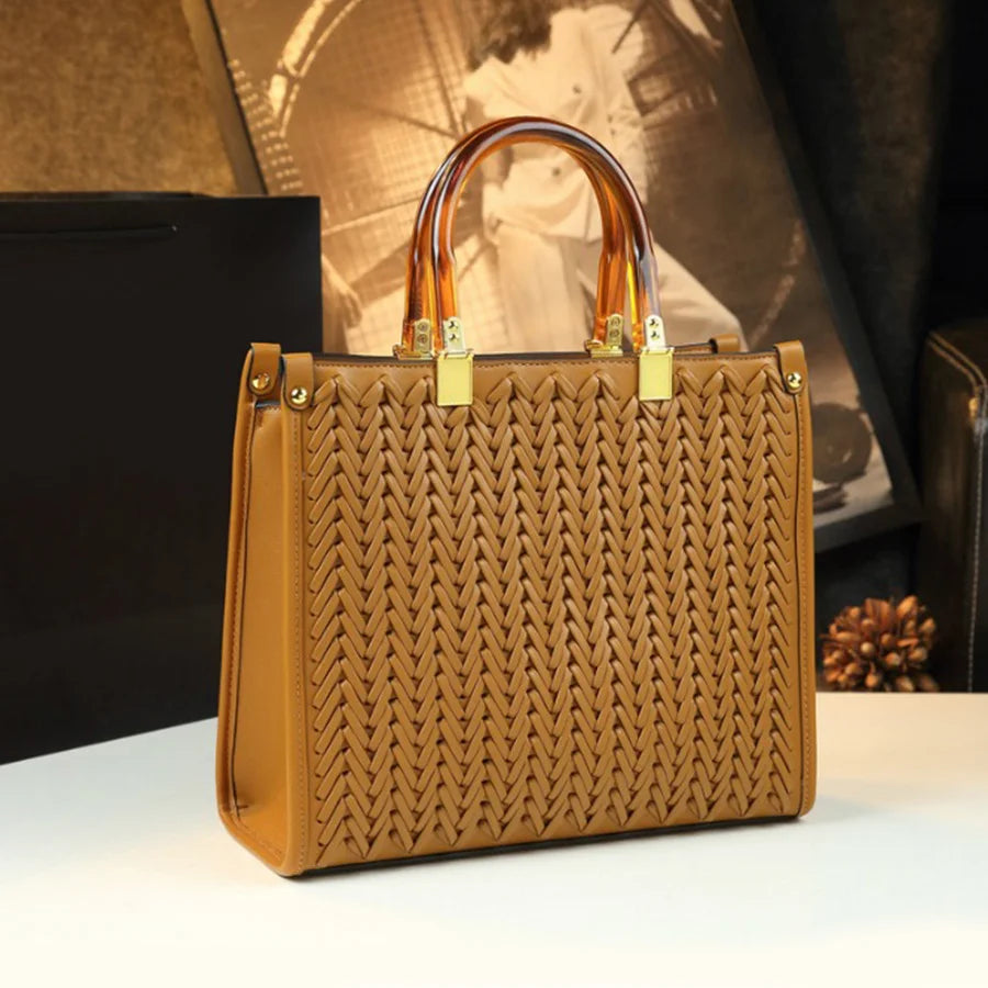 Woven PU Trapezoid Tote, Large Commuting Bag - product photo 1