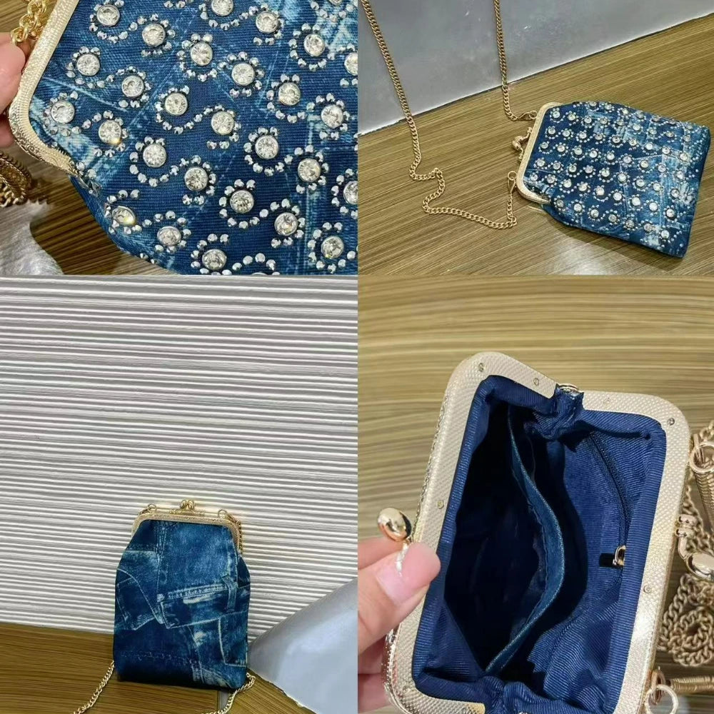 Diamond Denim Evening Bag with Chain - product photo 5