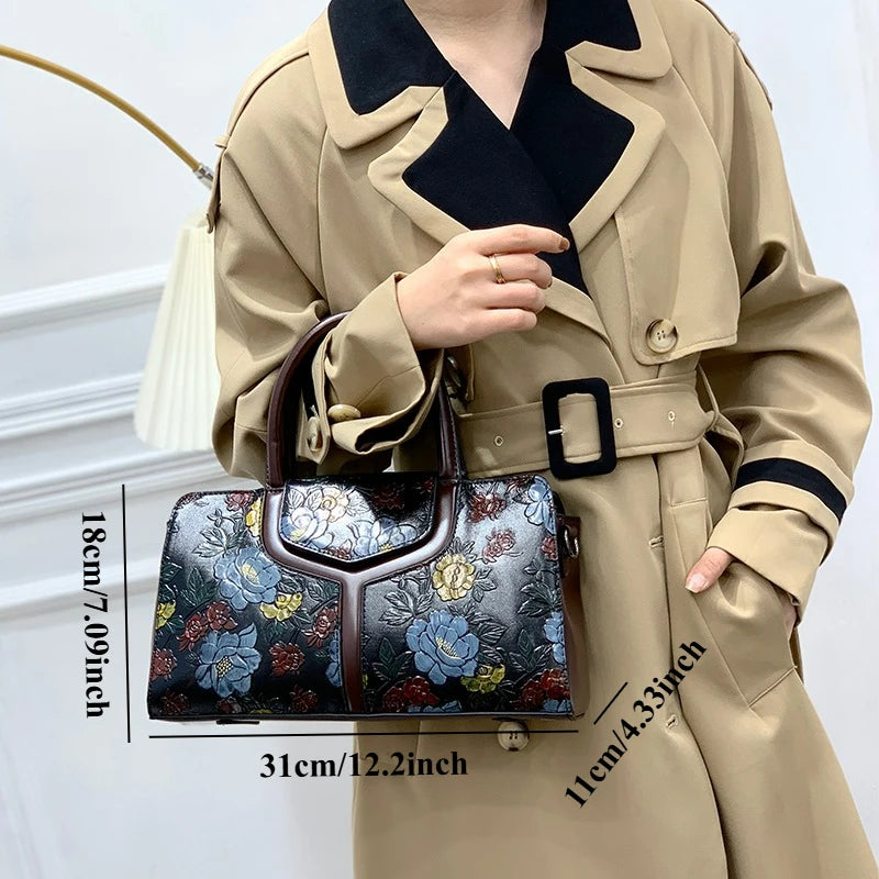Rose-Embossed Boston Bag, 3D Floral Vintage Handbag - product photo 3