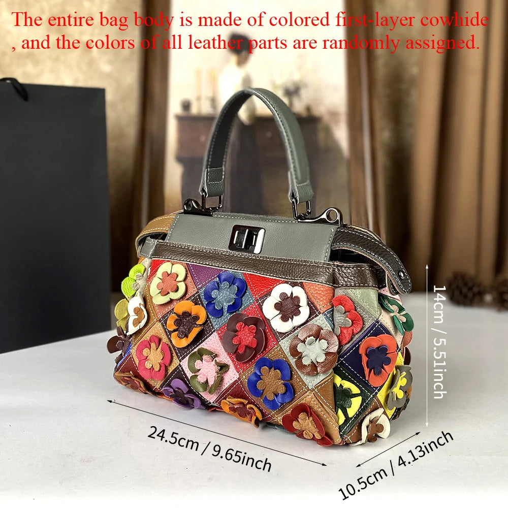 Genuine Cowhide Button Bag with Floral Motif - product photo 2