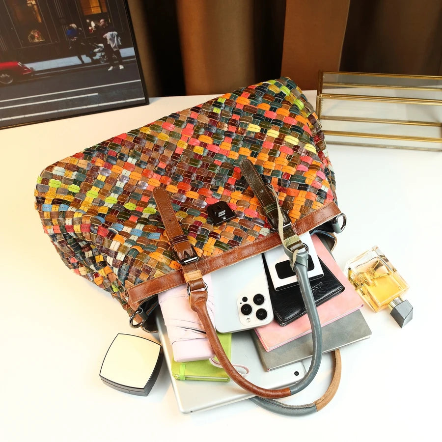 Woven Colour-Block Bucket Bag, Genuine Leather - product photo 6
