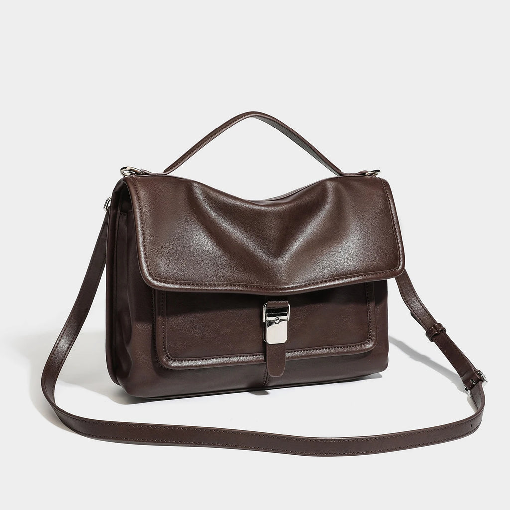 Vintage PU Flap Satchel, Silver-Buckle Top Handle Bag - product photo 5