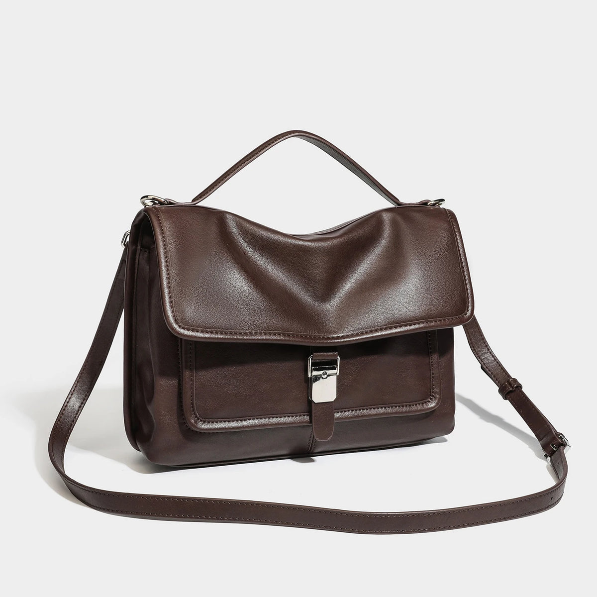 Vintage PU Flap Satchel, Silver-Buckle Top Handle Bag - product photo 5
