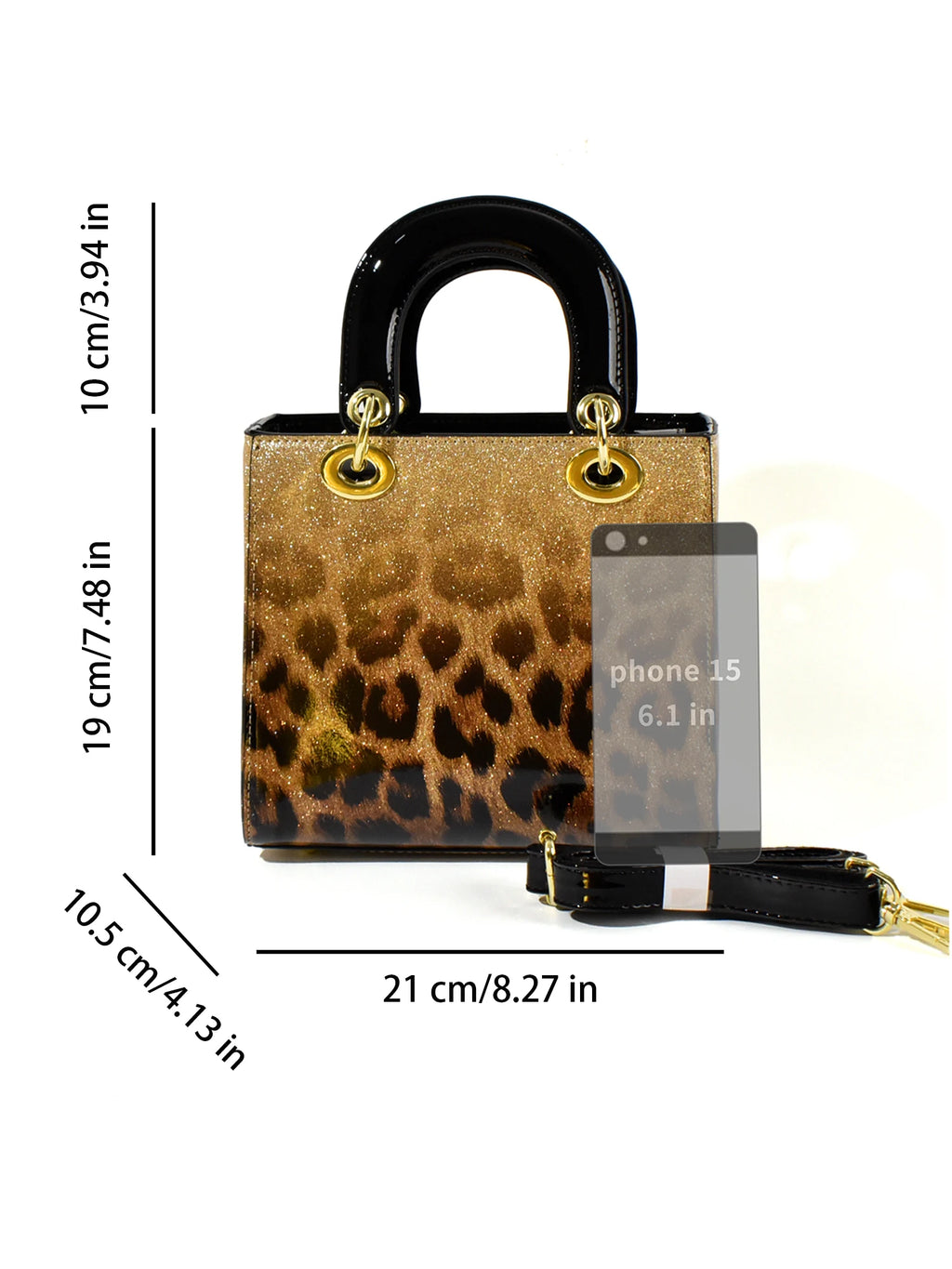 Glitter Leopard Patent Satchel, Top-Handle PU Bag - product photo 6