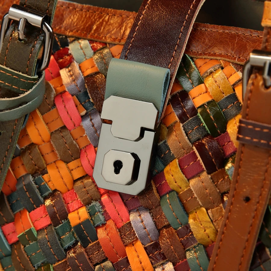 Woven Colour-Block Bucket Bag, Genuine Leather - product photo 4
