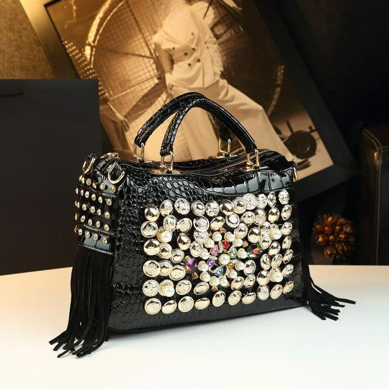 Panelled Rhinestone Shoulder Bag, Rivet Detail Tote - product photo 4