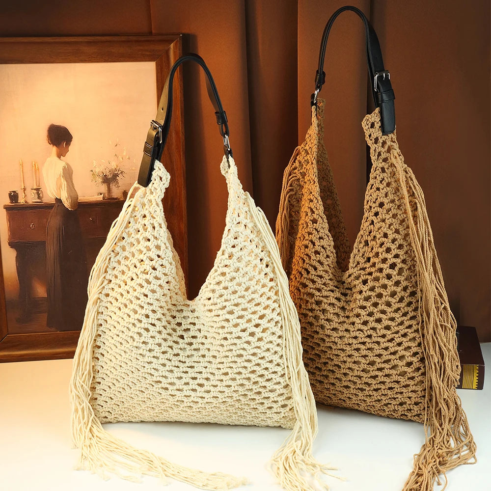 Cotton Woven Tassel Tote, Bohemian Beach Bag - product photo 2