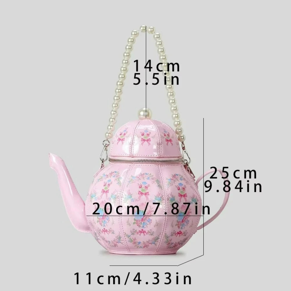 Teapot-Shaped Printed Purse, Pearl Chain Crossbody Bag - product photo 6