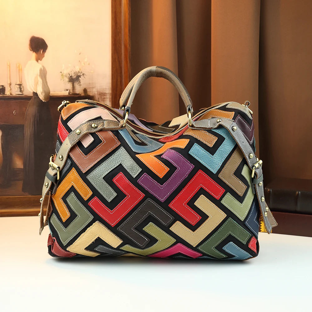 Colour-Block Cowhide Tote, Genuine Leather Handbag - product photo 1
