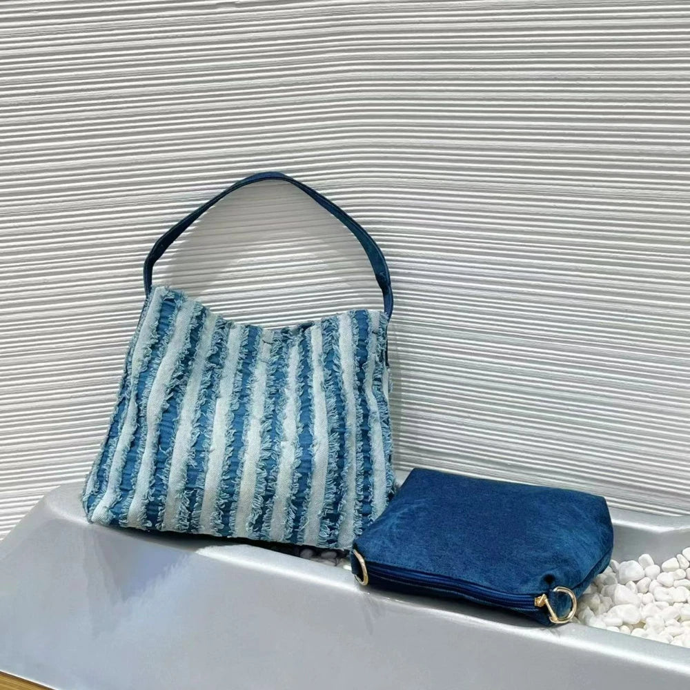 Striped Denim Tote Bag, Casual Shoulder Bag - product photo 1