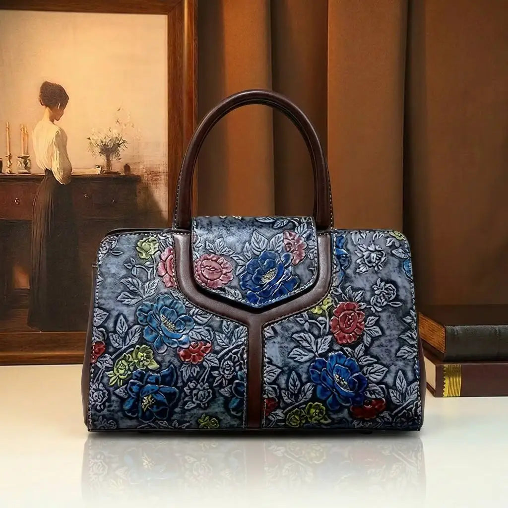 Rose-Embossed Boston Bag, 3D Floral Vintage Handbag - product photo 1