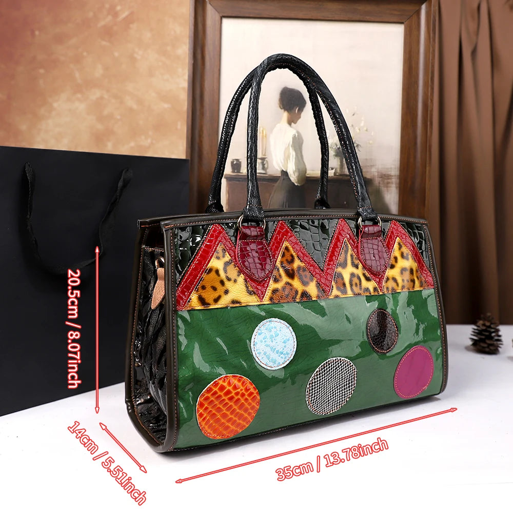 Bohemian Patchwork Cowhide Tote, Colour-Block Bag - product photo 4