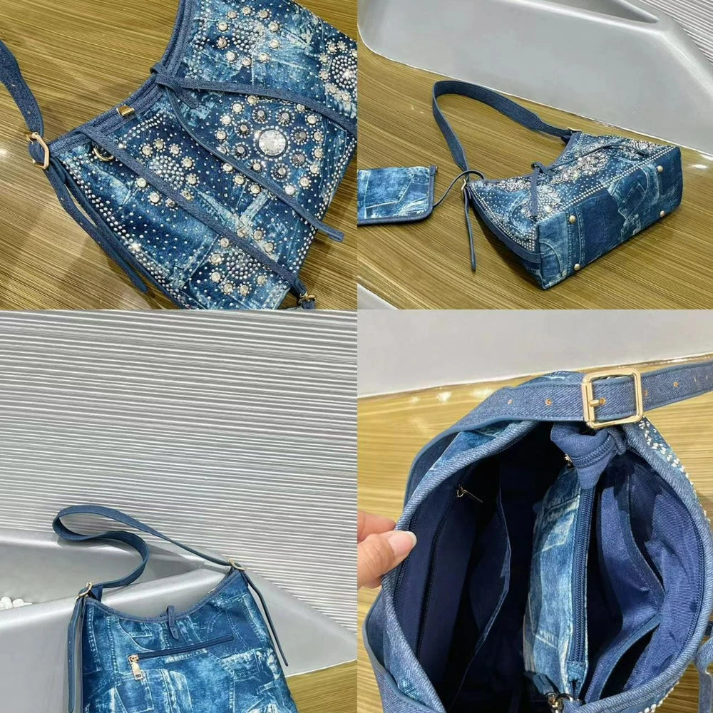 Denim Underarm Bag, Rivet & Diamond Shoulder Bag - product photo 5
