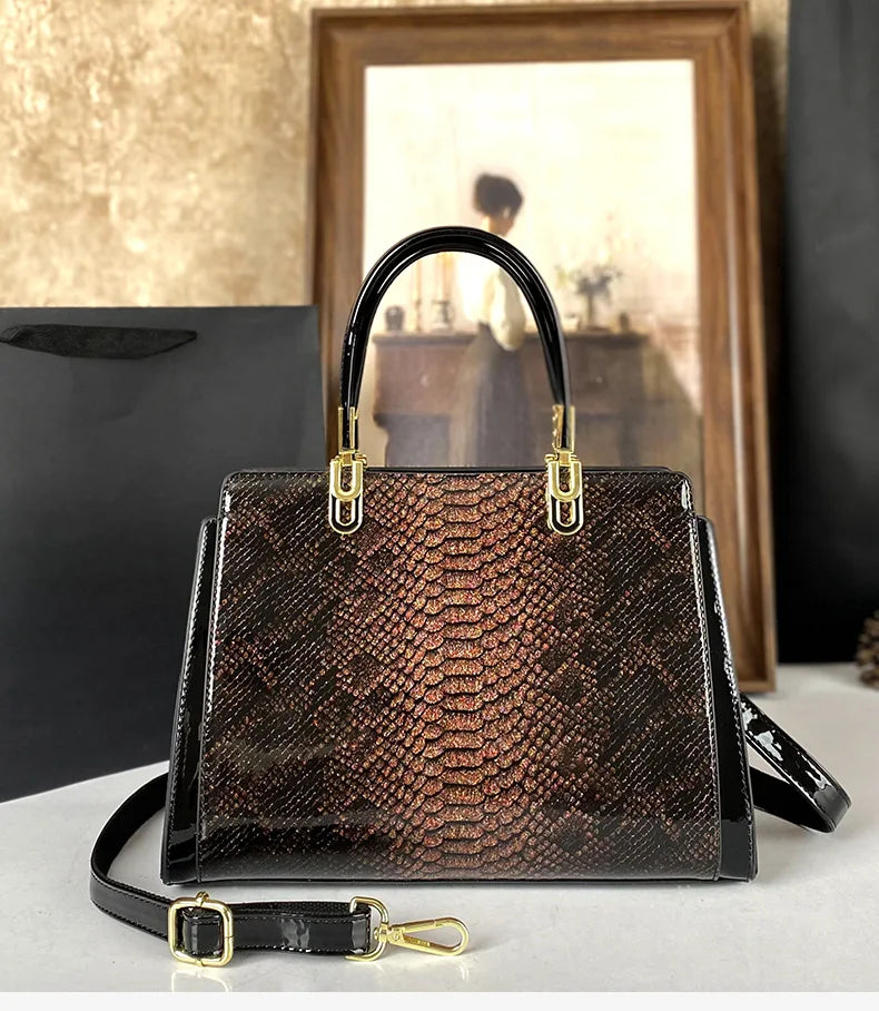 Gradient Python-Print Tote, Patent Top-Handle Bag - product photo 1