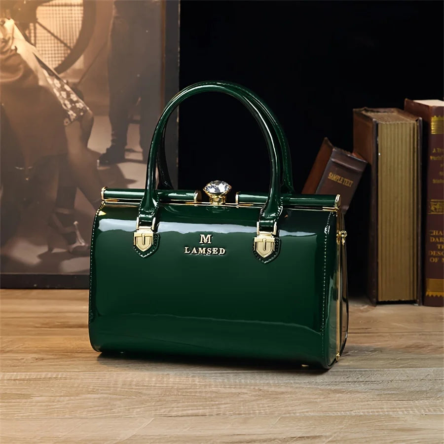 Rhinestone Clasp Tote, Patent PU Bag with Chain Strap - product photo 6
