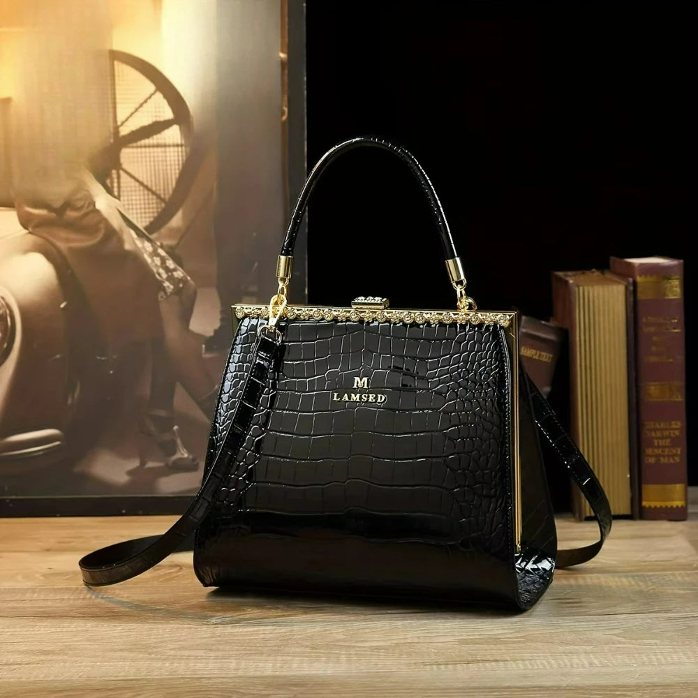 Croc-Pattern Tote with Stone Detail, Casual Shoulder Bag - product photo 2