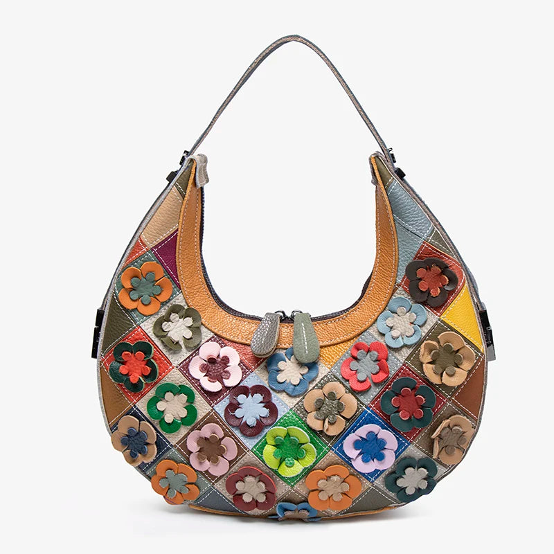 Horn-Shaped Patchwork Leather Bag, Boho Shoulder Bag - product photo 2