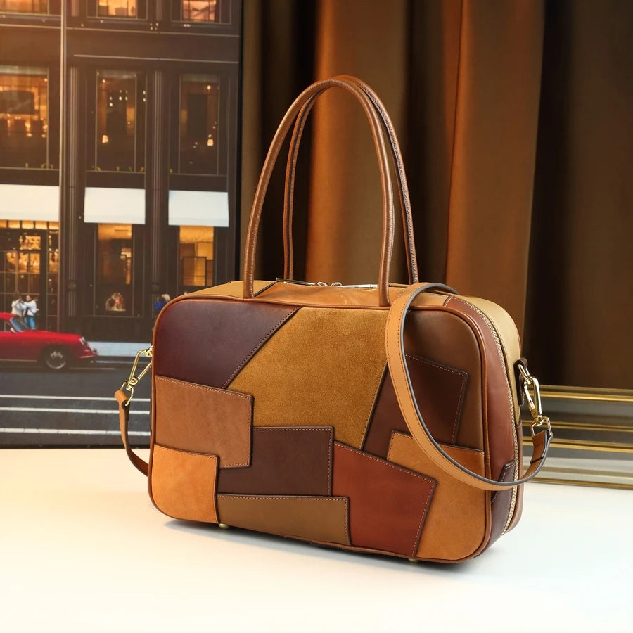 Colour-Block Genuine Leather Square Bag, Geometric Panels - product photo 4