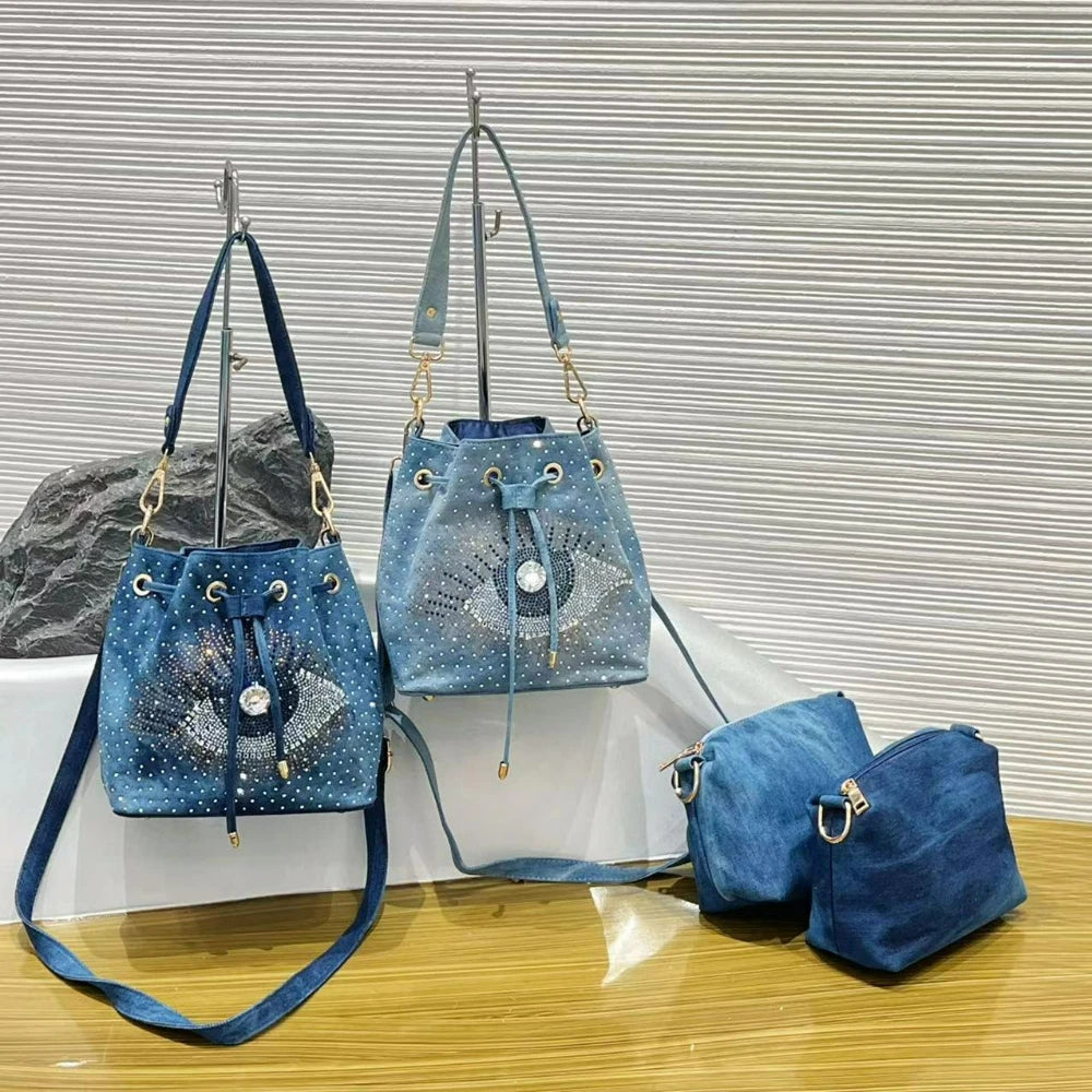Evil-Eye Rhinestone Bucket Bag, 2-Piece Denim-Look Set - product photo 3