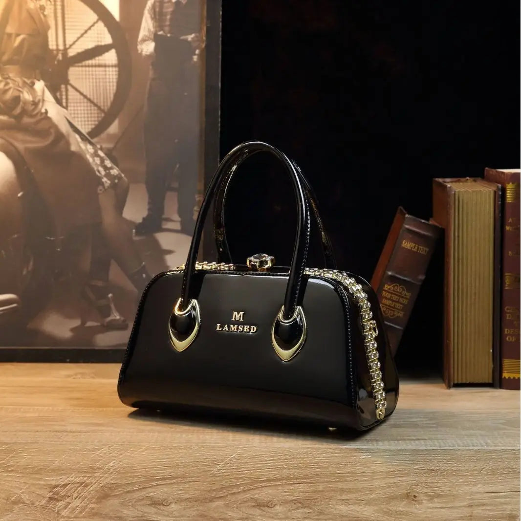 Glossy Patent-Look Shoulder Bag with Diamond Inlay - product photo 4